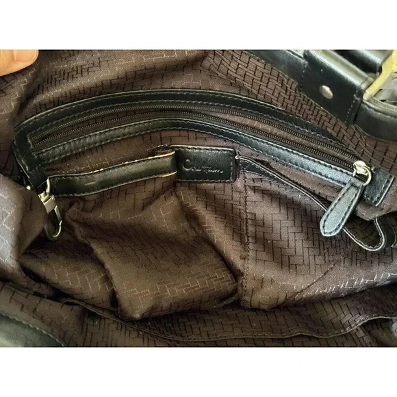 COLE HAAN Genevieve Woven Weave Black & White Tote Shoulder Bag Braided Handles - Picture 12 of 13